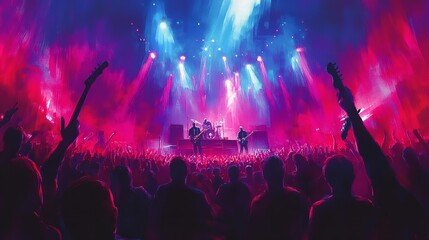 Obraz premium The crowd applauding at the rock concert in front of the bright. Generative Ai