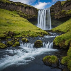 Fototapeta premium Create a breathtaking scene of Kvernufoss waterfall in Iceland, showcasing its stunning cascade falling over a rocky cliff into a serene pool below. 