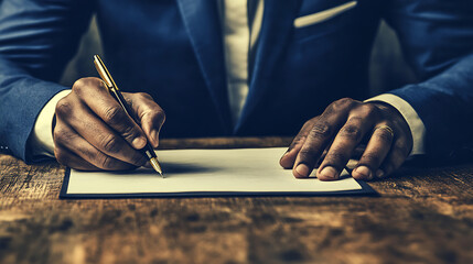 Obraz premium A close-up of a Black businessman in a blue suit writing on a blank sheet of paper, showcasing intent and focus amidst a rustic wooden table environment.