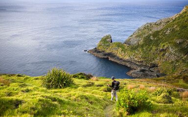 Man hiking Cape Brett Track. Bay of Islands.