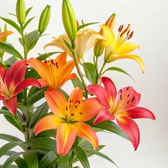 Bright and vibrant pink lilies flowers surrounded by lush green leaves create a stunning floral arrangement in a cheerful setting isolated white background
