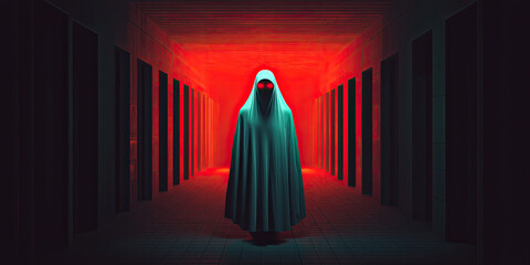 A mysterious figure in a cloak stands in a dimly lit corridor, illuminated by red light, creating an eerie and suspenseful atmosphere.