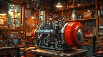 Engine in a Rustic Workshop