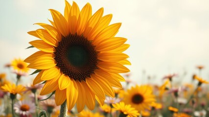 Obraz premium A Single Sunflower Stands Tall Amidst a Field of Blooming Flowers, Its Golden Petals Reaching for the Sun