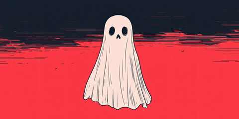 A cartoonish ghost with big eyes stands against a bold red and dark background, creating a playful yet spooky atmosphere.