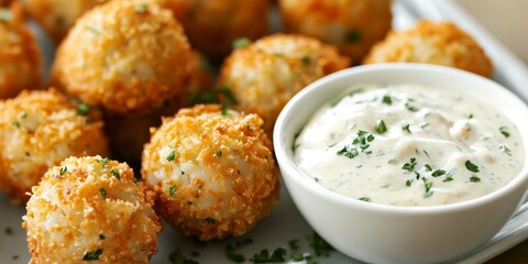 Delicious homemade seafood mini crab cake balls served with a tangy tartar sauce, these seafood treats are perfect for any gathering, offering a delightful seafood flavor in every bite.