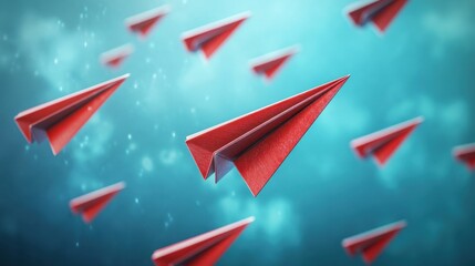 Paper airplanes flying in the sky, with red planes symbolizing innovation, 3D rendering