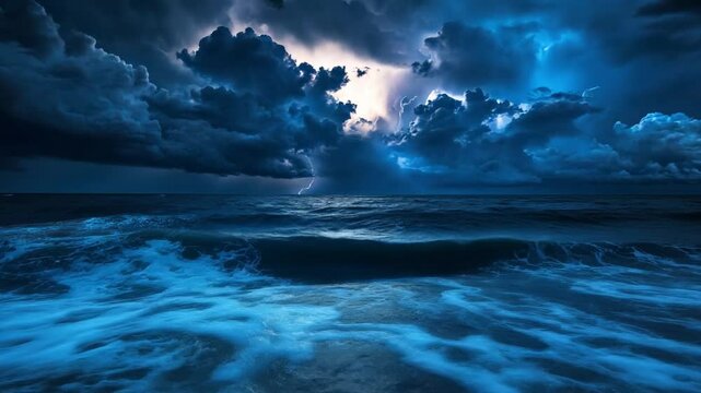 Lightning storm over the ocean, illuminating the waves and distant horizon with flashes of light.