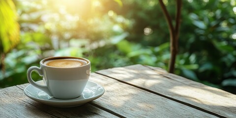 Espresso coffee served on a wooden table with a natural background, creating a warm tone in a garden setting, showcasing the beauty of espresso coffee in a serene environment.