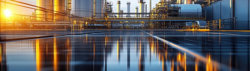 Fototapeta premium Industrial manufacturing site with reflective surfaces of solar-integrated polymers, realistic details