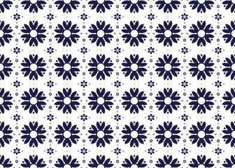 dark blue symbol floral on White background, ethnic fabric seamless pattern, design for cloth, carpet, batik, wallpaper, wrapping etc.