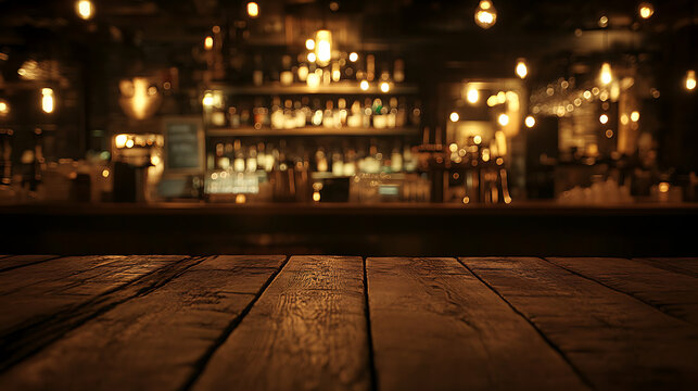 A cozy bar scene with warm lighting and a rustic wooden countertop. Soft focus emphasizes the inviting atmosphere of the lively nightlife setting.