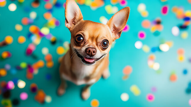 Cute puppy celebrating joyfully with confetti in a fun environment vibrant viewpoint for pet lovers