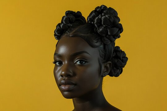 Studio portrait of a young black woman showcasing a stylish bantu knots hairstyle against a vibrant yellow backdrop