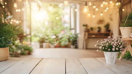 A beautifully arranged indoor garden scene featuring soft, hanging lights, lush green plants, and delicate pink flowers in stylish pots, creating a serene, inviting atmosphere.