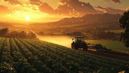 Fototapeta premium Farming tractor spraying plants in a field