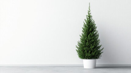 A vibrant green potted pine tree stands against a minimalist white background, creating a serene and modern aesthetic.