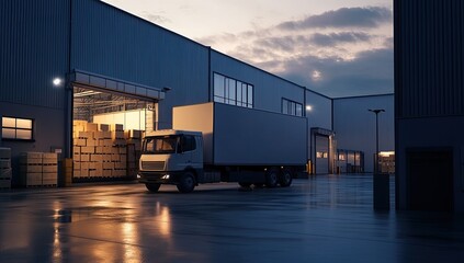 Truck unloading boxes at warehouse loading dock, industrial logistics concept