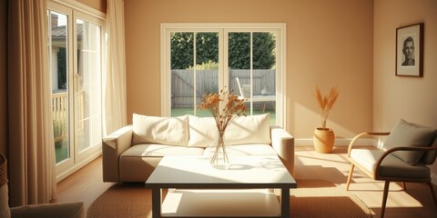 Fototapeta premium A modern living room bathed in soft sunlight, showcasing a white couch, a coffee table, and a cozy armchair, all placed against a warm beige wall with a framed portrait adding a touch of personality.