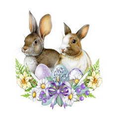Easter mood festive wreath decor with cute bunnies surrounded by primrose flowers, pastel painted eggs illustration on white background. Perfect for holiday festive decor, cards and seasonal designs