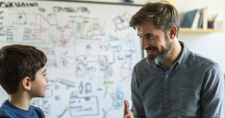 Calm mentor guiding young learner in educational environment creative space supportive discussion