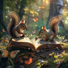 Two squirrels reading an open book in a forest.
