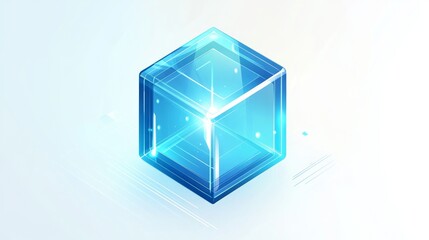 Glowing blue translucent cube, isometric view.