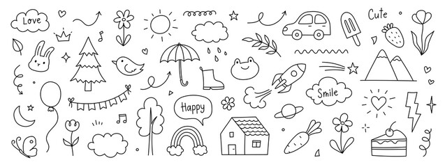 Cute kid background line tree, cloud, flower icon. Hand drawn doodle sketch kid art element set. Flower, heart, cloud children draw style design element background. Vector illustration