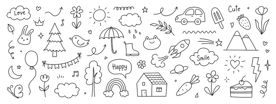 Cute kid background line tree, cloud, flower icon. Hand drawn doodle sketch kid art element set. Flower, heart, cloud children draw style design element background. Vector illustration