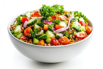 Lentil salad with cucumber, tomato, and parsley.