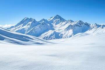 A serene winter landscape featuring snow-covered mountains under a clear blue sky.