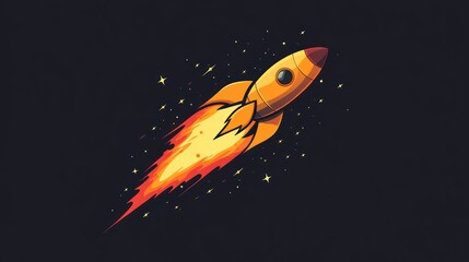 A colorful rocket soaring through space, leaving a trail of flames and stars.