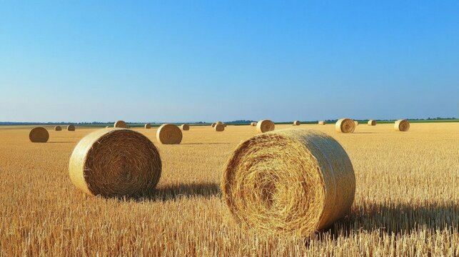 A serene landscape featuring hay bales in a golden field under blue sky. - Powered by Adobe