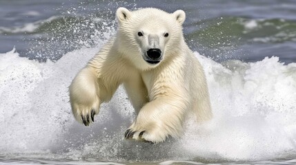 Polar bear jumping over waves in the ocean.