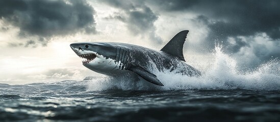 Fototapeta premium Great white shark leaping from ocean waves under a dramatic stormy sky.