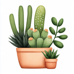 watercolor cluster of various cacti in decorative pot, showcasing vibrant green colors and unique shapes, perfect for adding touch of nature to any space