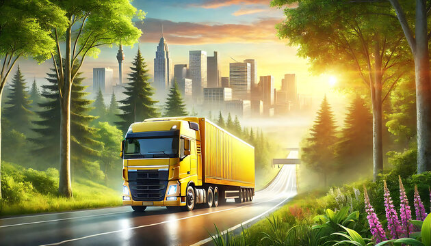 yellow Loaded semi truck on motorway transportation industry concept truck Business background