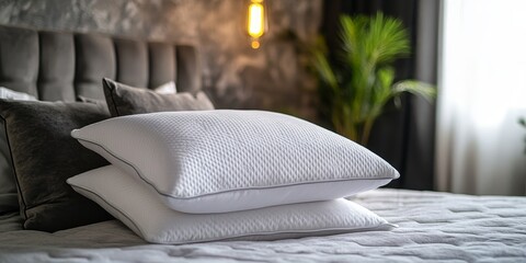 Orthopedic memory foam pillow placed on a bed, offering ultimate comfort for a restful night s sleep. This orthopedic memory foam pillow supports healthy sleeping habits.