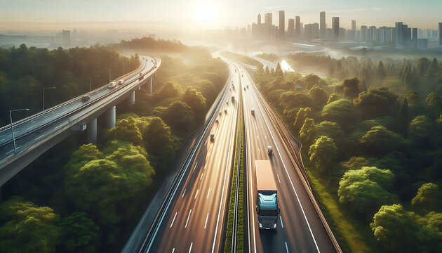 Aerial top view of Truck Highway drone short of truck and road, sustainable transport. Drone view of hydrogen energy truck driving