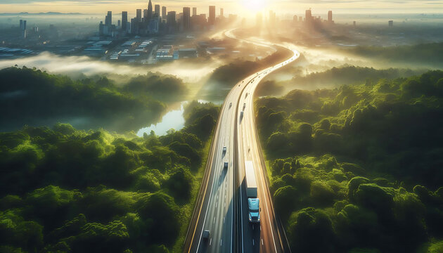 Aerial top view of Truck Highway drone short of truck and road, sustainable transport. Drone view of hydrogen energy truck driving