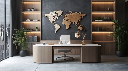 Modern luxury office with world map, wooden desk, and city view.