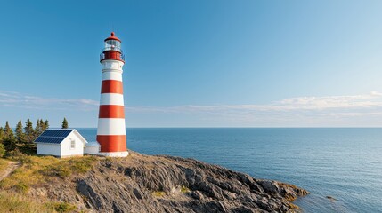 Fototapeta premium scenic view of solar powered lighthouse on rocky coastline, surrounded by calm waters and clear blue skies, evokes sense of tranquility and natural beauty