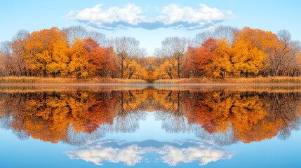 Obraz premium Autumn trees reflecting on calm water