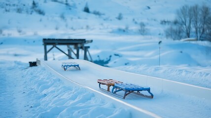 Winter sledding track with two sleds awaiting riders