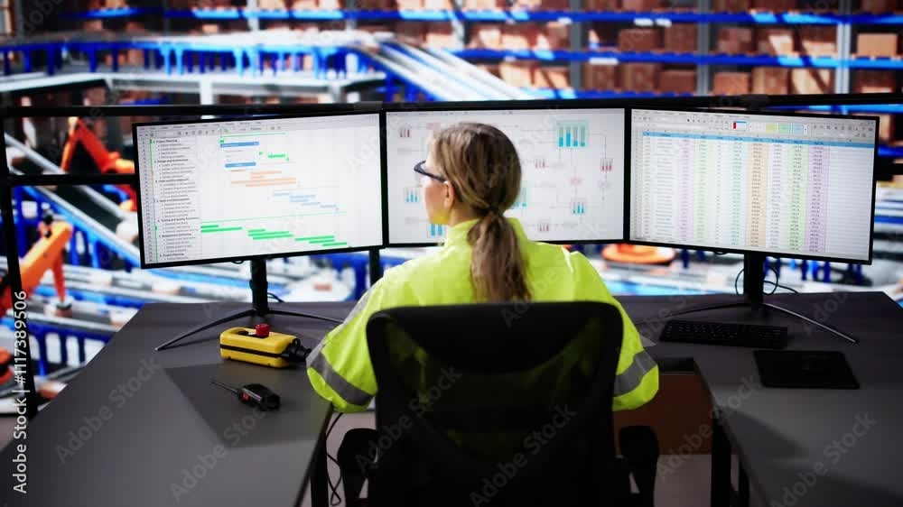 Poster logistics warehouse manager using desktop computer