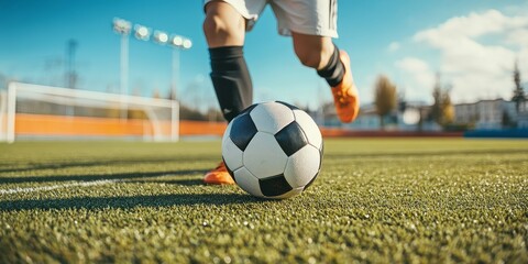 Close up of a teenager s legs with a ball on a football pitch. This cropped shot captures a soccer player in action while training on the artificial grass field, showcasing the essence of soccer.