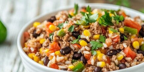 Close up of a delicious Mexican casserole featuring ground beef, rice, black beans, corn, green pepper, and chopped tomatoes presented in a white bowl on a rustic white wooden table.