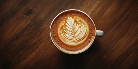 Latte art coffee served in a cup displayed on a wooden table from a top view perspective, showcasing the intricate design of the latte art coffee within the warm setting.