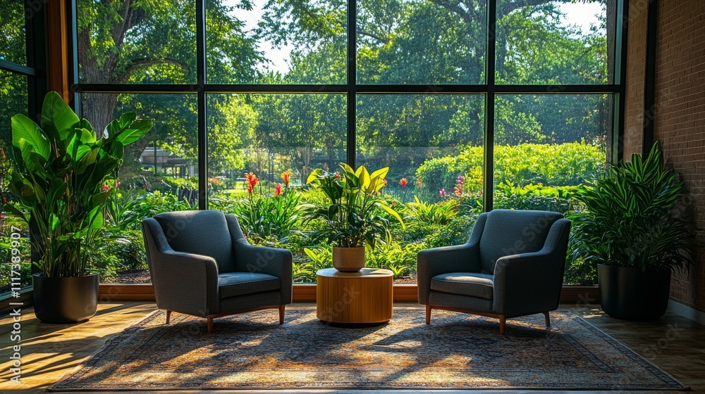 Poster two armchairs are positioned beside a small table in a bright room with large windows, revealing a l