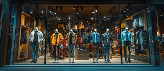 Night view of a clothing store's window display featuring mannequins dressed in casual jackets, jeans, and boots.